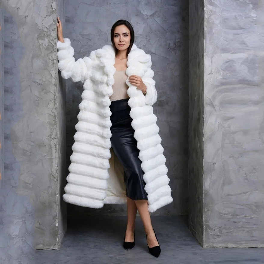 Elegant Turn Down Collar Vintage Large Long Faux Rabbit Fur Chinchilla Trench Womens Faux Fur Coat