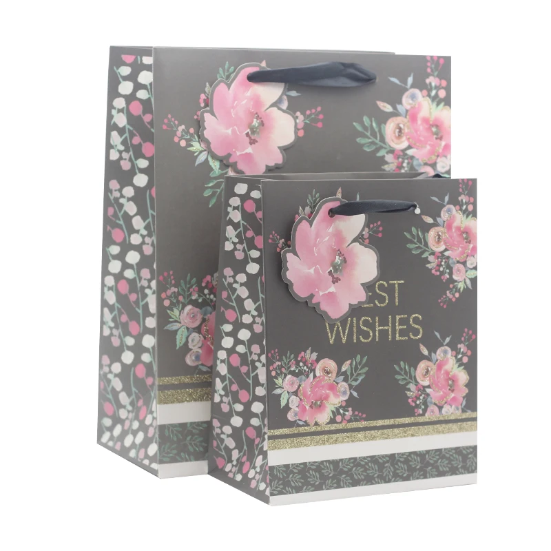 Hongxi OEM Flower Sheer Retail Wide Luxury Printed Purple Floral Small White Black Daily Mini Gift Bag Custom Logo With Bow knot