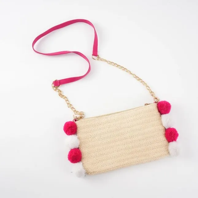 Pompom straw beach bag  straw clutch handmade straw shoulder bag designer handbags famous brands