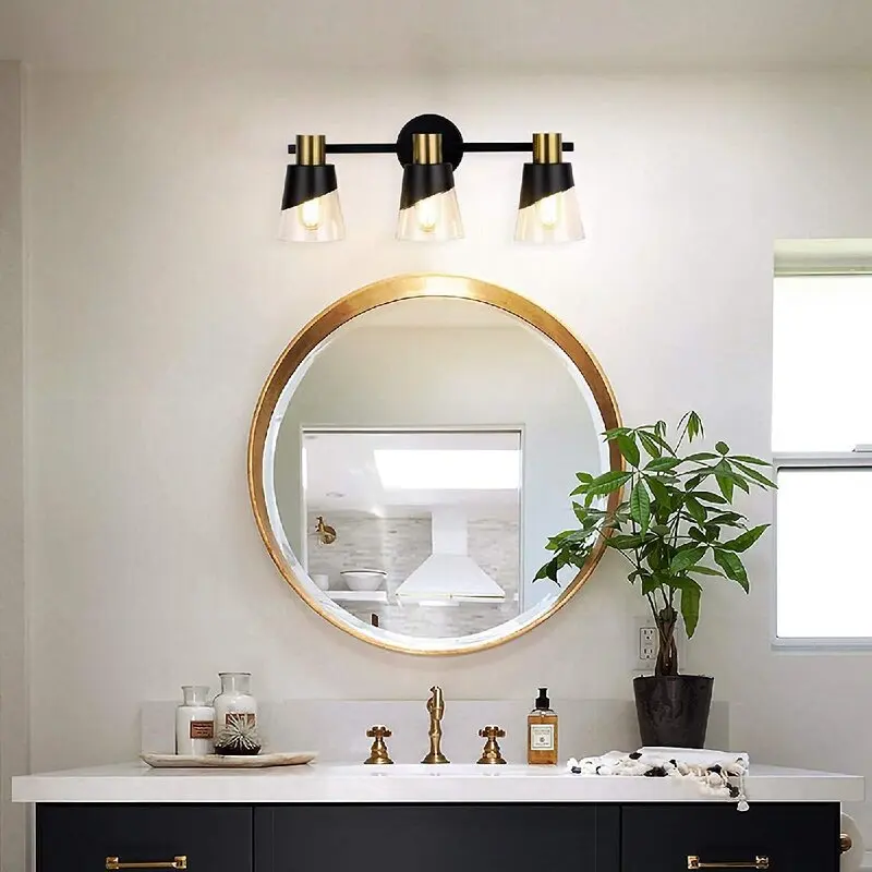 ZG Bathroom Vanity Lamp Black Powder Coating Treble Wall Mounted Vanity Lighting Fixture With White Glass Shade