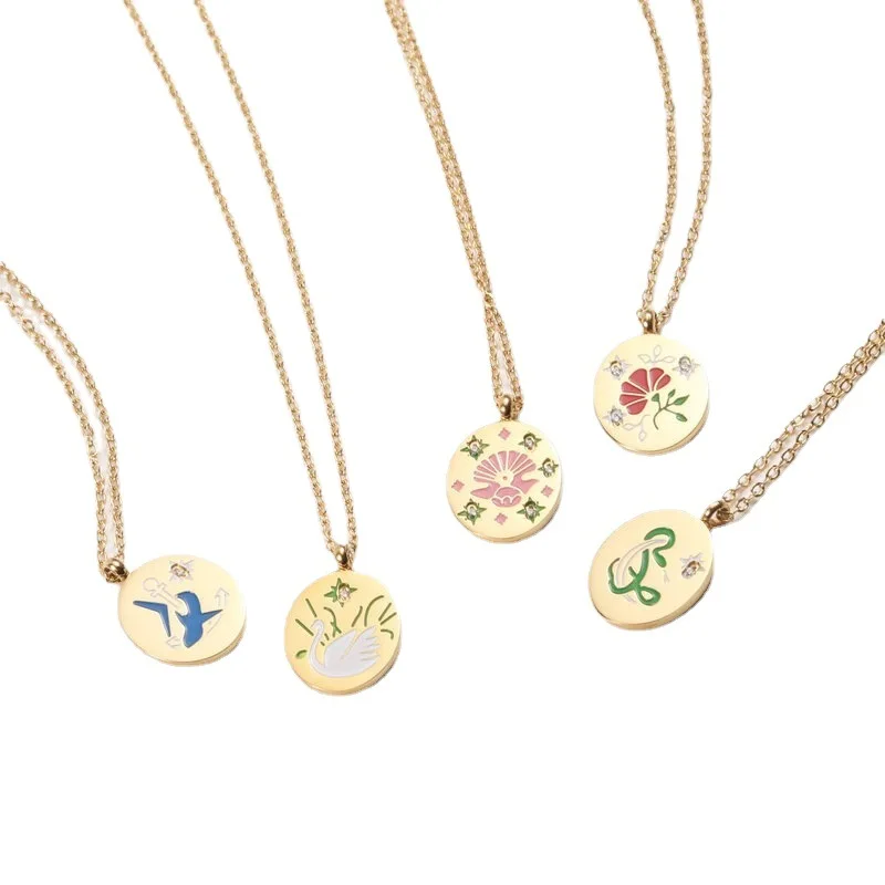 Beautiful Handmade Enameled Animal Shark Snake Pattern Coin Pendant Necklace No Fade Stainless Steel Oil Drip Flower Necklace