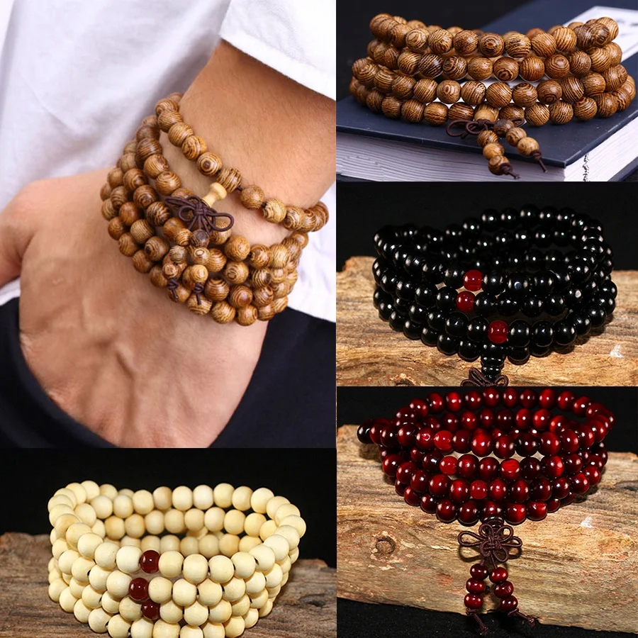 6 Styles 6mm Natural Sandalwood Buddhist Buddha Wood Prayer Beaded Bracelet Knot Black Ebony Bracelets for Men Jewelry