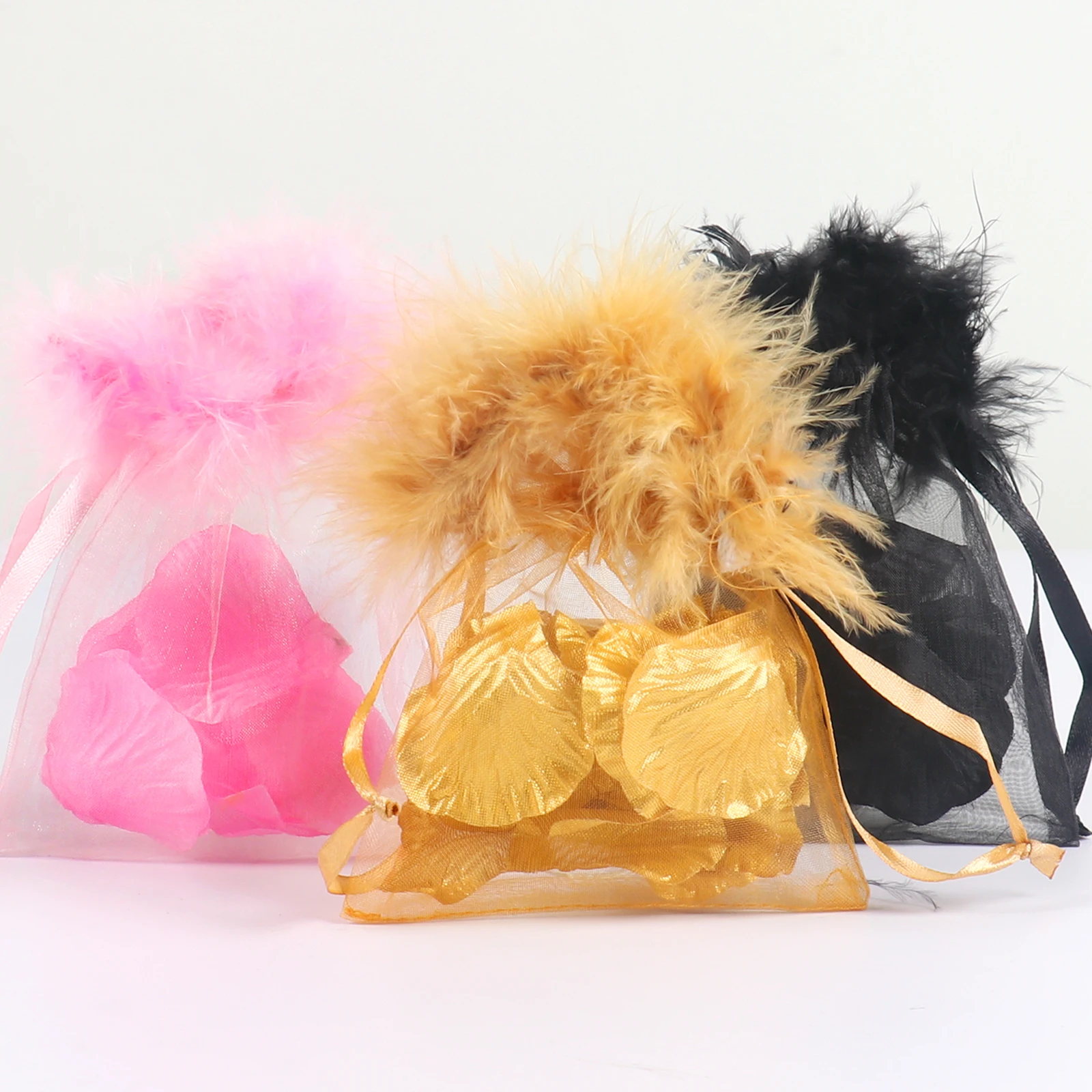 Custom Organza Bag 7x9 Wholesale Feather Organza Drawstring Pouches Gift Bags Jewelry Pouch Storage Fur Organza Bags