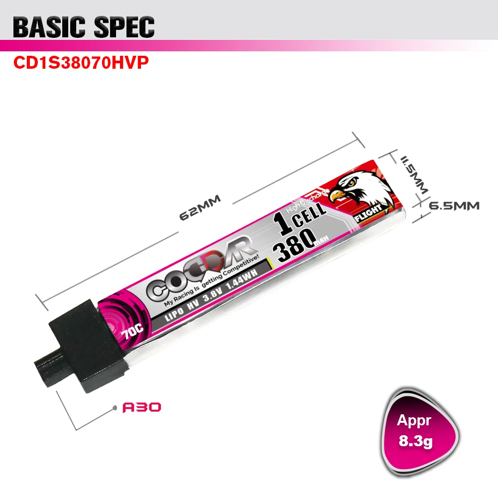 CODDAR LiPo Battery 1S 380MAH 3.8V 70C A30 Connector Plastic Head FPV Drone High Voltage HV LiHV Lithium Polymer