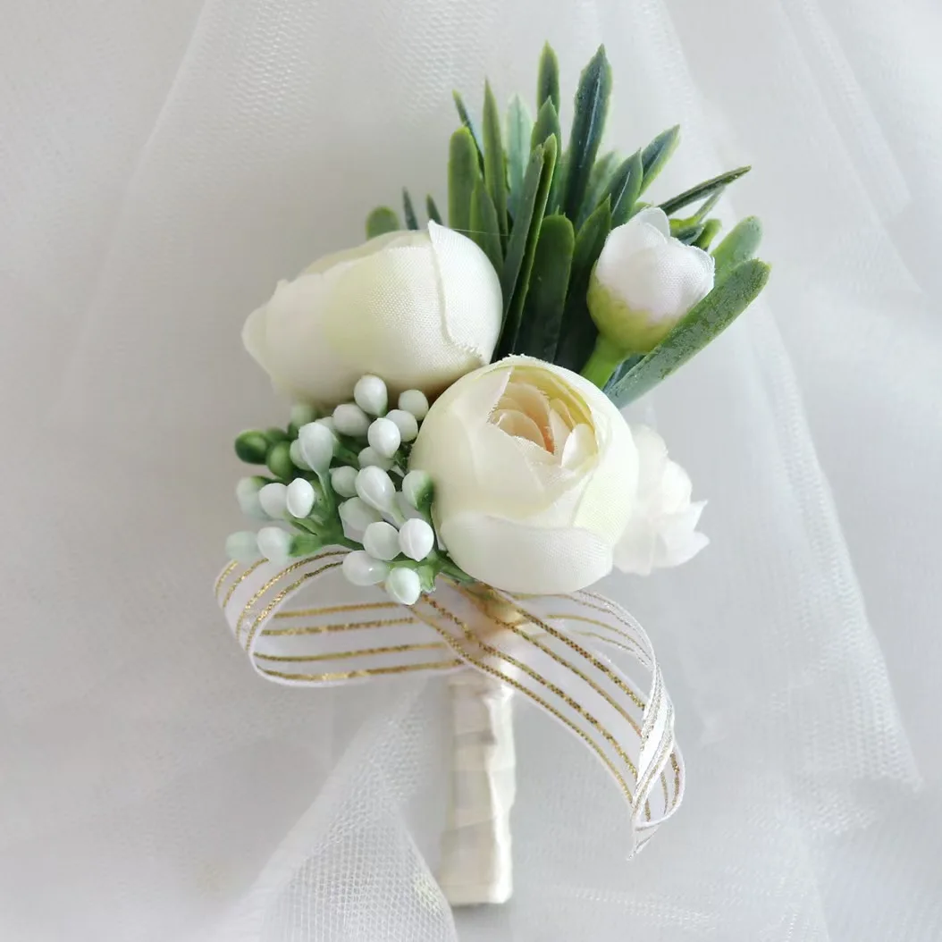 Men Corsage Flower 2 Heads Artificial White Rose Groom Chest Boutonniere For Home Wedding Engagement Decorative Graduation