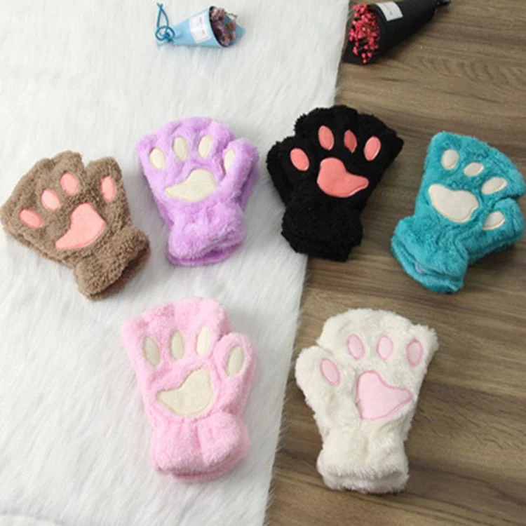 Cute Fluffy Half Finger gloves Bear Cat Plush Paw Claw Glove Mitten Winter Warm Fingerless Gloves