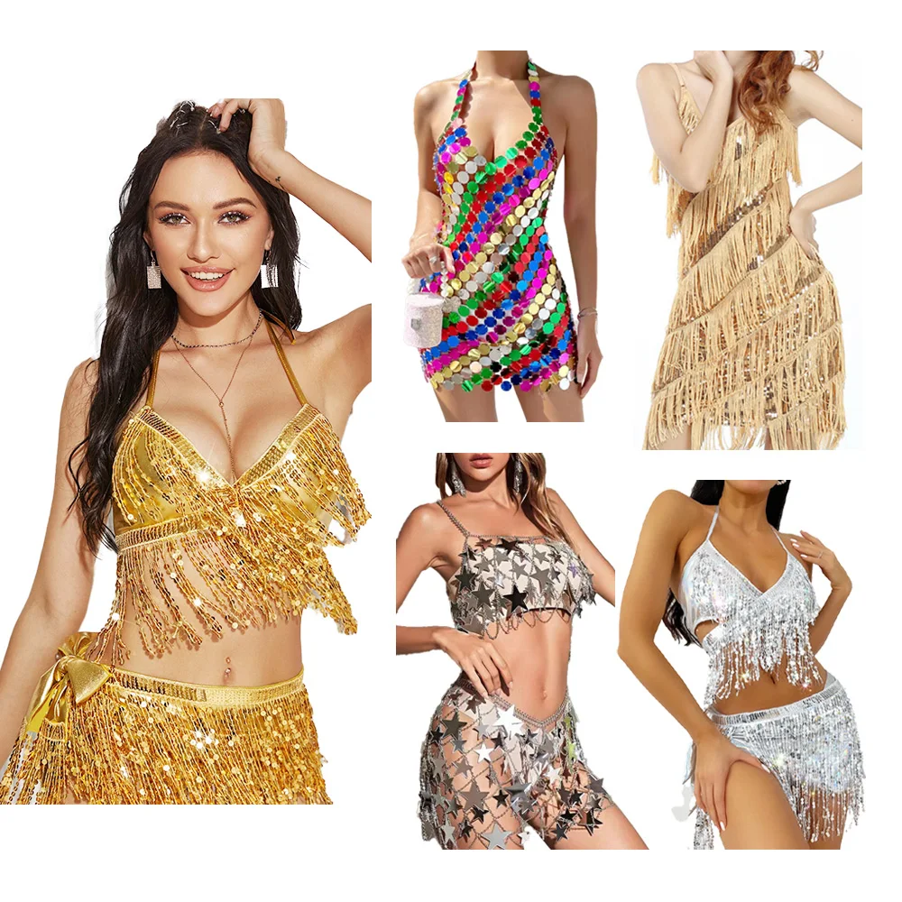 Woman Performance Sequined Fringe Dress Flapper Samba Tango Latin Dance Sequin Tassel Dresses for Party