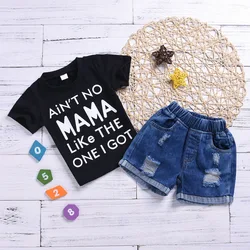 New summer baby girl letter short-sleeved printed T-shirt ripped denim shorts 2pcs clothing sets toddler girl set