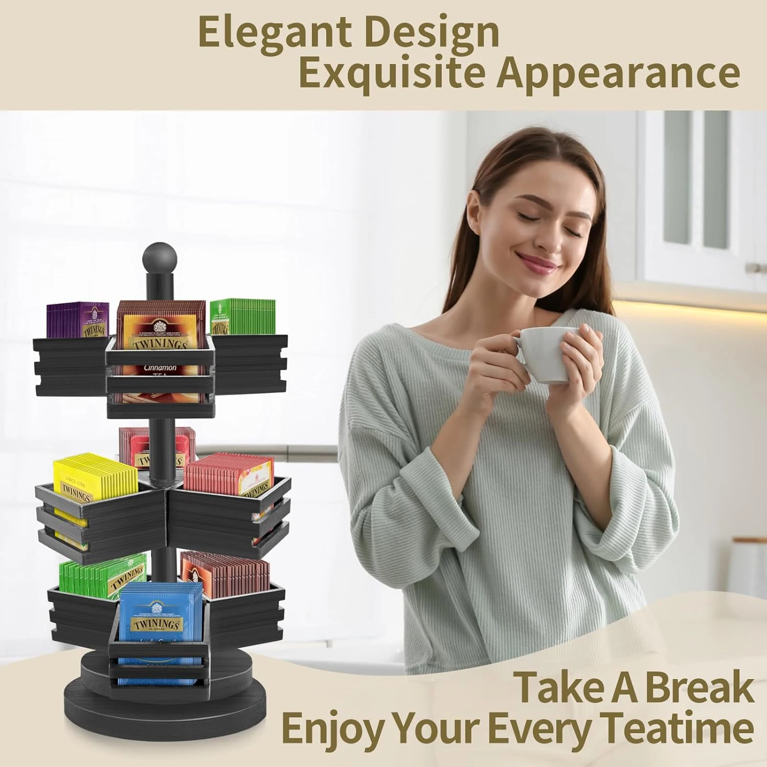 High Quality Wholesale 3 Tier Stackable  Bag Storage Holder Spinning Carousel with 9 Compartments Rotating Tea Bag for Kitchen