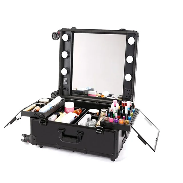 Aluminium trolley cosmetic case with lights mirror and stands, Makeup aritist hairdressing beauty trolley case