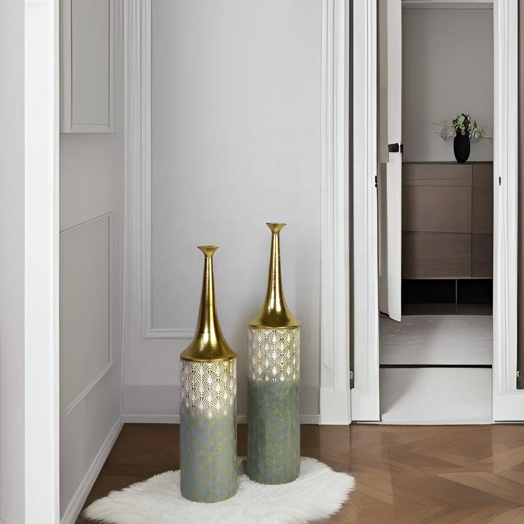 Lander Tall Set of 2 Coastal Big Flowers Vases Farmhouse Rustic Floor Metal Vases for Home Decor