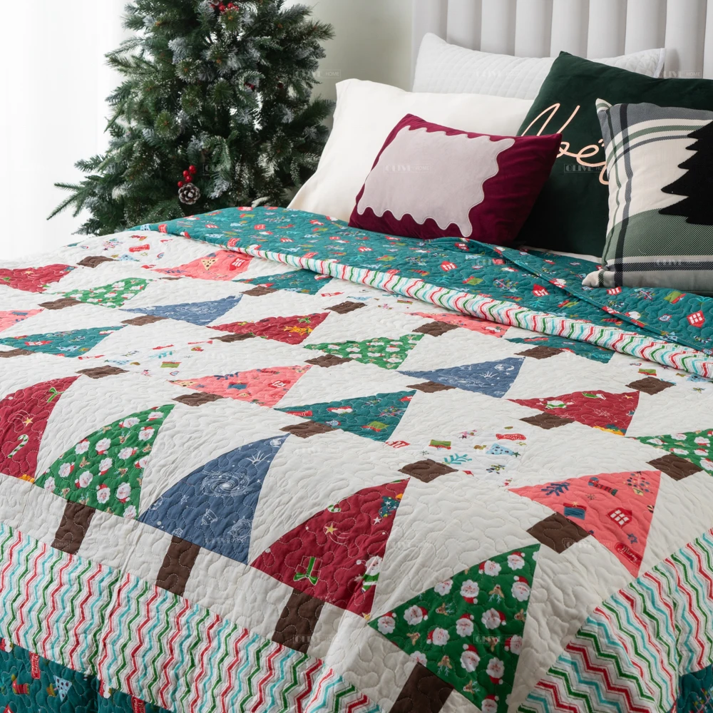 100% Pre-washed Christmas Patchwork Reversible Quilt Handmade Quilted bedspread Bedding Set for Holiday Season Nursery Kids Room