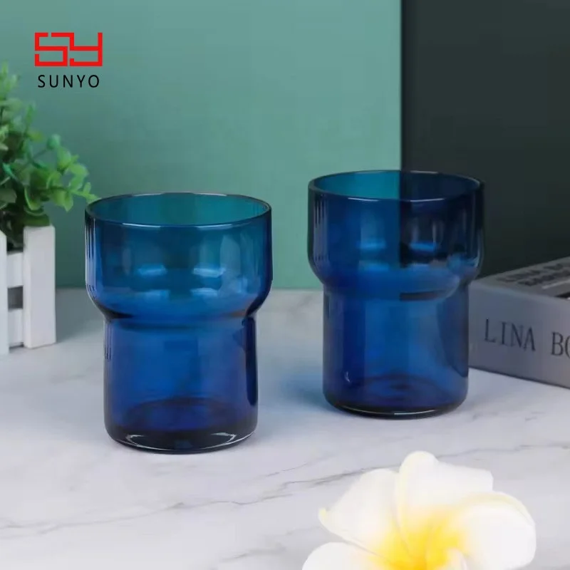 Custom Colored Design High Quality Handmade Borosilicate Stepped Surface Stacking Utility Blue Tumbler Colored Water Glasses