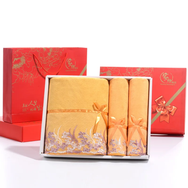 Lace edge towel set 3 pieces multi colors  face towel bath towels custom size Microfiber Bath Linens with gift box