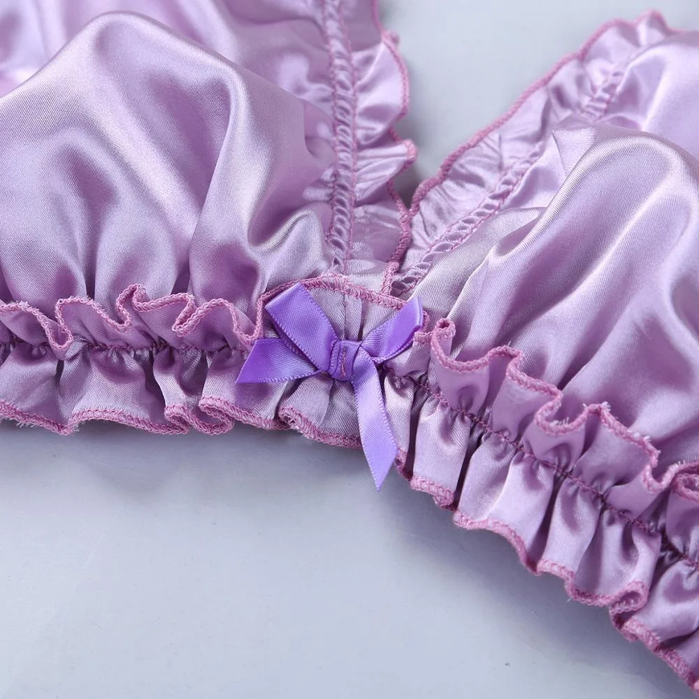 
Mens Sissy Soft Satin Sexy Lingeries Set Bikini Bra Top Open Back Briefs Underwear Elastic Frilly Ruffled Lingerie 