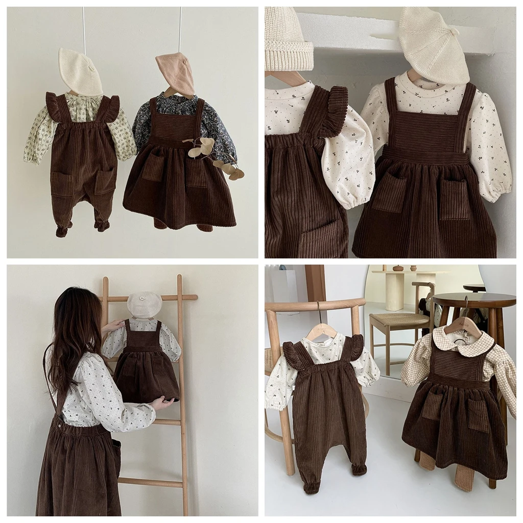 2023 Baby Summer Clothing Toddler Kids Baby Girls Party Strap Suspender Gown Solid Overalls Dresses Corduroy Outfits