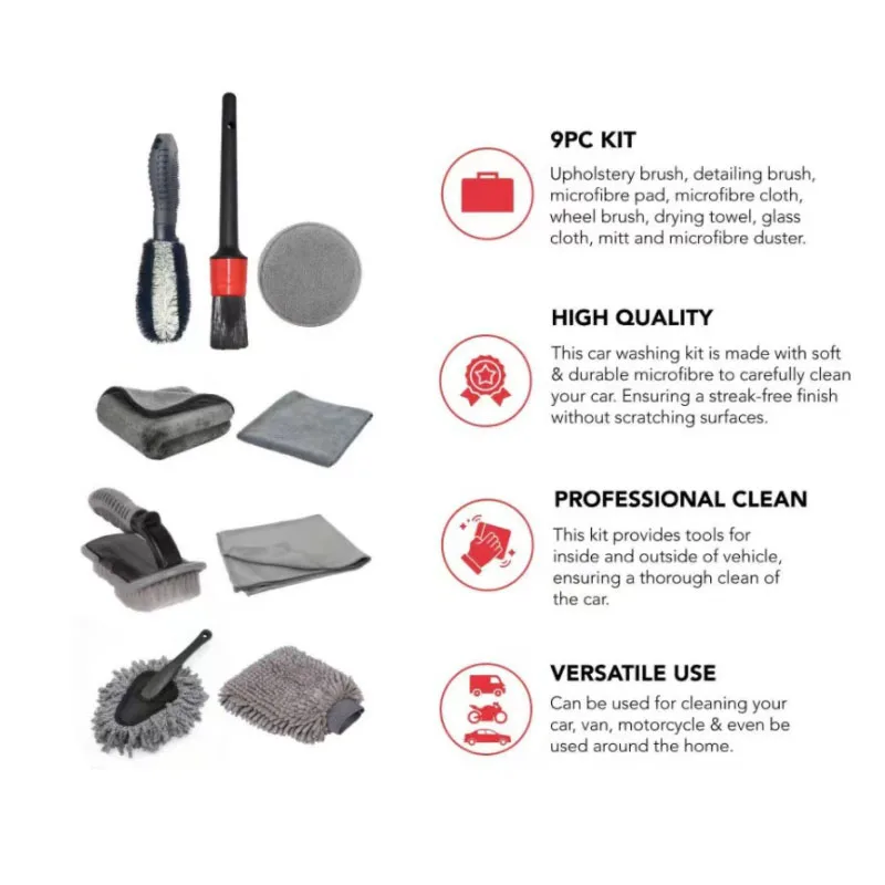 High Quality 9pcs Car Wash Brush Kit Cover Steel Wire Long Hair U-Shaped Wheel Tire Brush Cleaning Brushes