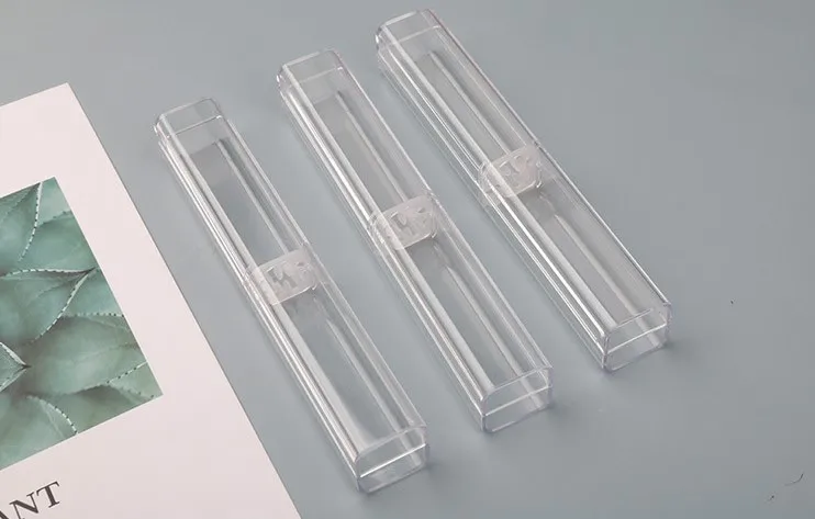 Transparent hard plastic pen box with PVC Velvet bottom luxury gray gift pen case custom logo