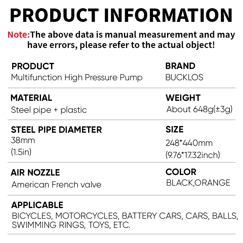 OEM/ODM BUCKLOS Bicycle Air Pump 160PSI High Pressure Schrader/Presta Valve Inflator MTB Road Bike Floor Pump Cycling Accessory