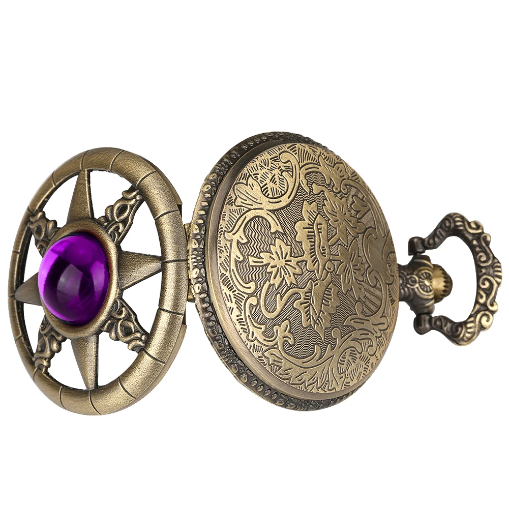 Hollow Bronze Metal Roman Numerals Starry Dial Vintage Pocket Chain Watch For Gift Fob Chain Necklace Pendant Pocket Timepiece