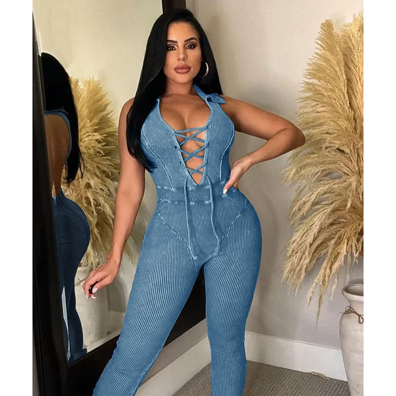 Boutique Clothing Pure Color Ribbed Simulation Denim Sleeveless Lapel Rompers V Neck Fit Jumpsuits For Women