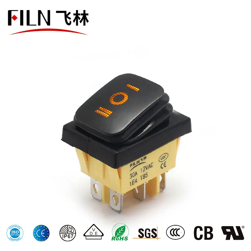 KCD4 ON-OFF-ON 6Pin IP67 Red Green Blue Yellow White 30A 12VAC Waterproof Rocker Switch with LED