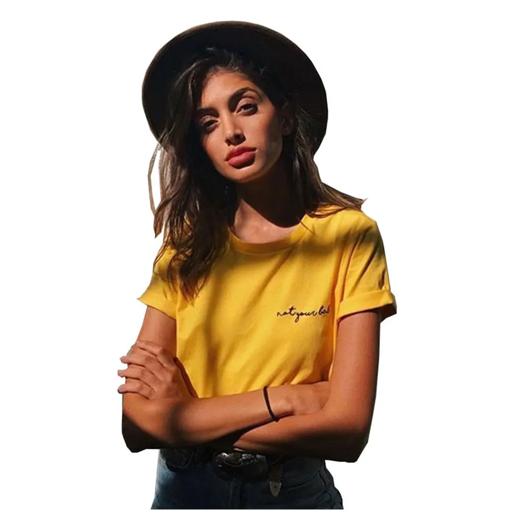 
Ladies bulk fashion logo embroidered yellow cotton t shirts for young women 