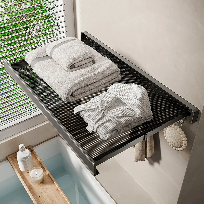 Bathroom Folding Retractable Non-porous Wall Hanging Towel Rack Storage Rack