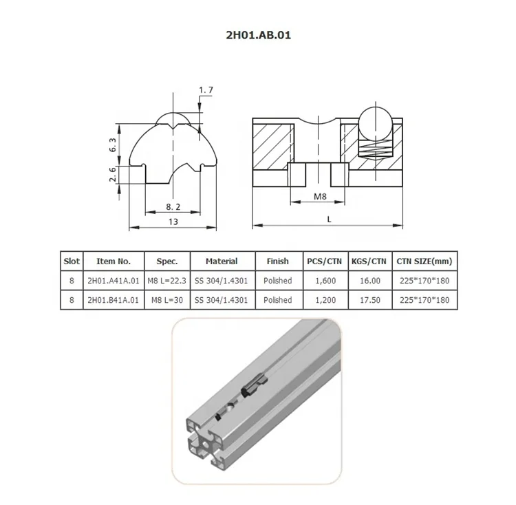  Nut 2H01.AB.01 High quality Steel slot 8 Half round t nut with ball ss 304 for aluminum profile