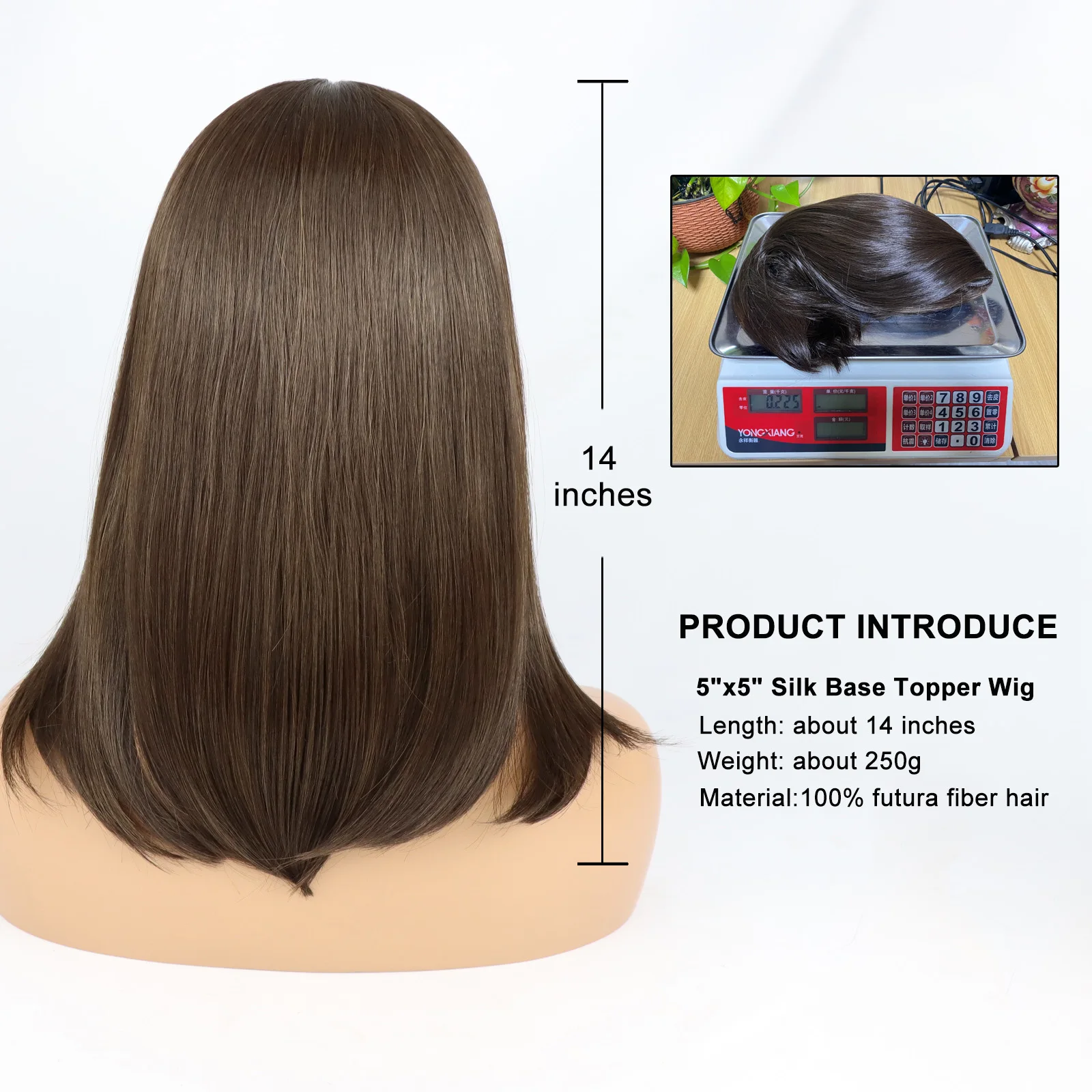 5x5 Silk Base Topper for Jewish Women Brown Color Bob Jewish Topper Wig Straight 14inch Japanese Futura Fiber Synthetic Hair Wig