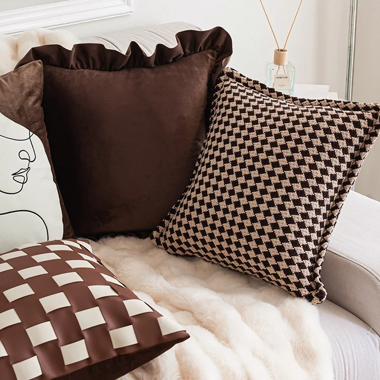 Autumn Winter Brown Patchwork Geometric Cushion Cover Luxury PU Velvet Embroidery Throw Pillowcase