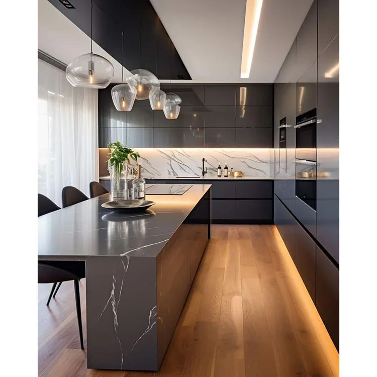 Fireproof Wood Grain Modern Kitchen Design Professional Kitchen Cabinets