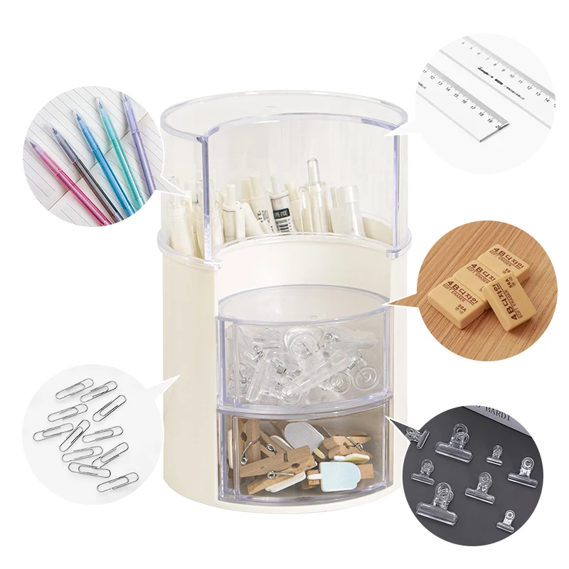 NEW ARRIVAL Combined Stationery Storage Box Desktop Office Plastic Revolving Drawer Pen Holder Container With Dustproof Cover