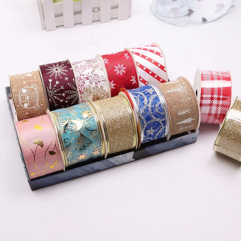 Wholesale Christmas Ribbon With Gold Foil Printing Ribbon Custom Personalized Christmas Craft Ribbon