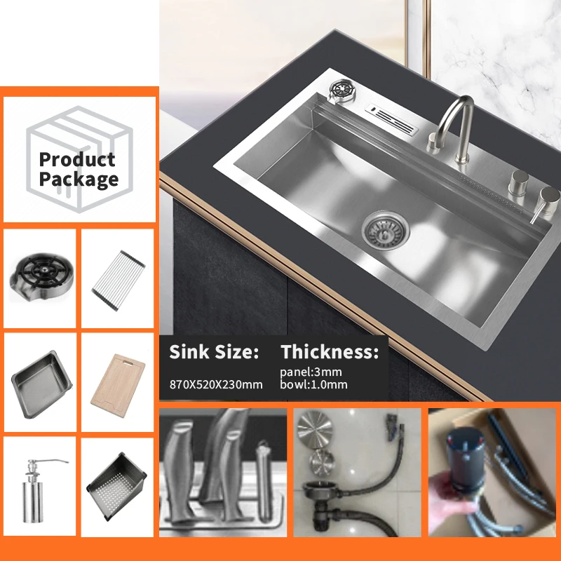 Stainless Steel 304 Single Bowl Topmount Satin Korea Workstation Multifunctional Handmade Waterfall Kitchen Sink