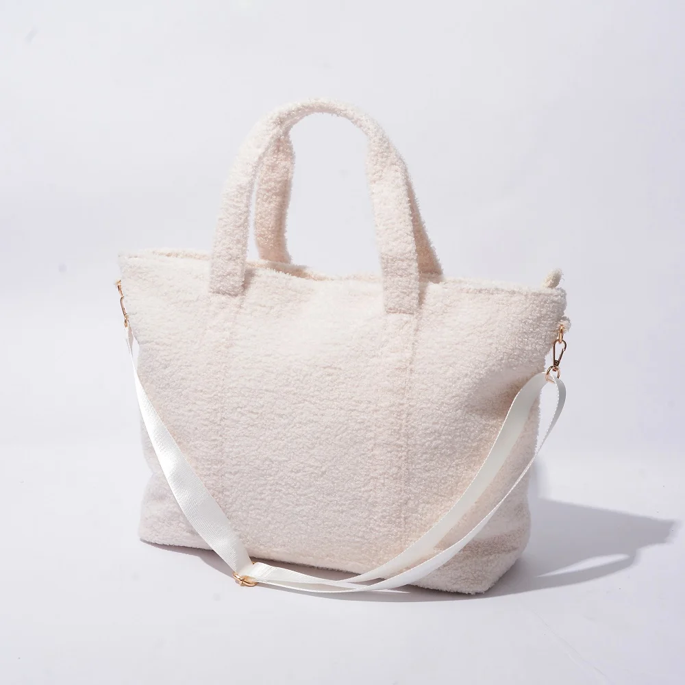 Sherpa Fleece Metal Zipper Tote Bag High Quality Women Winter Fuzzy Teddy Travel Hand Bags Student Ladies Tote Bag Shopping Tote