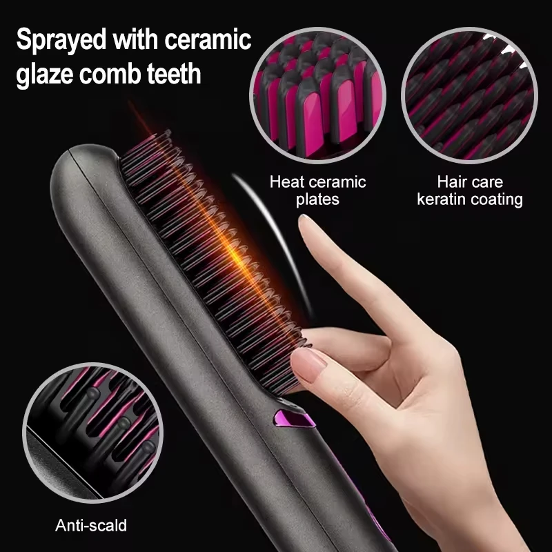 High Quality Heating Styling Beard Electric Hot Comb 2 IN 1 Portable USB Cordless Straight Hair Ion Ceramic Straightening Brush
