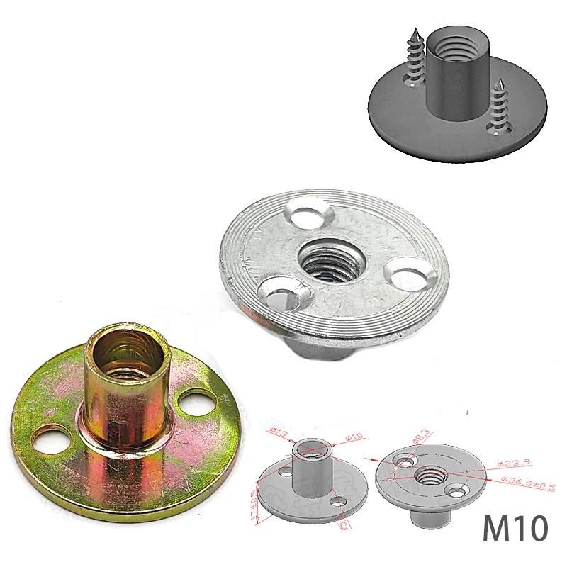 Climbing iron carbon steel M10 round base 2 brad hole tee t nut with dimple