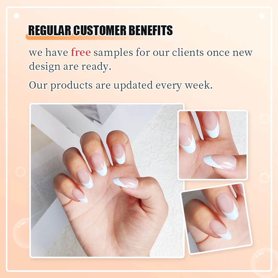 Private label Almond French acrylic false nails new fashion nude nails art light blue artificial fingernails faux ongles