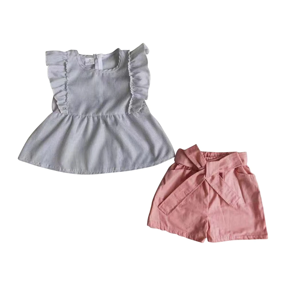 D3-1 wholesale boutique toodelr girls clothing sets high quality Grey Flying Sleeve Top Pink Bow Belt Shorts