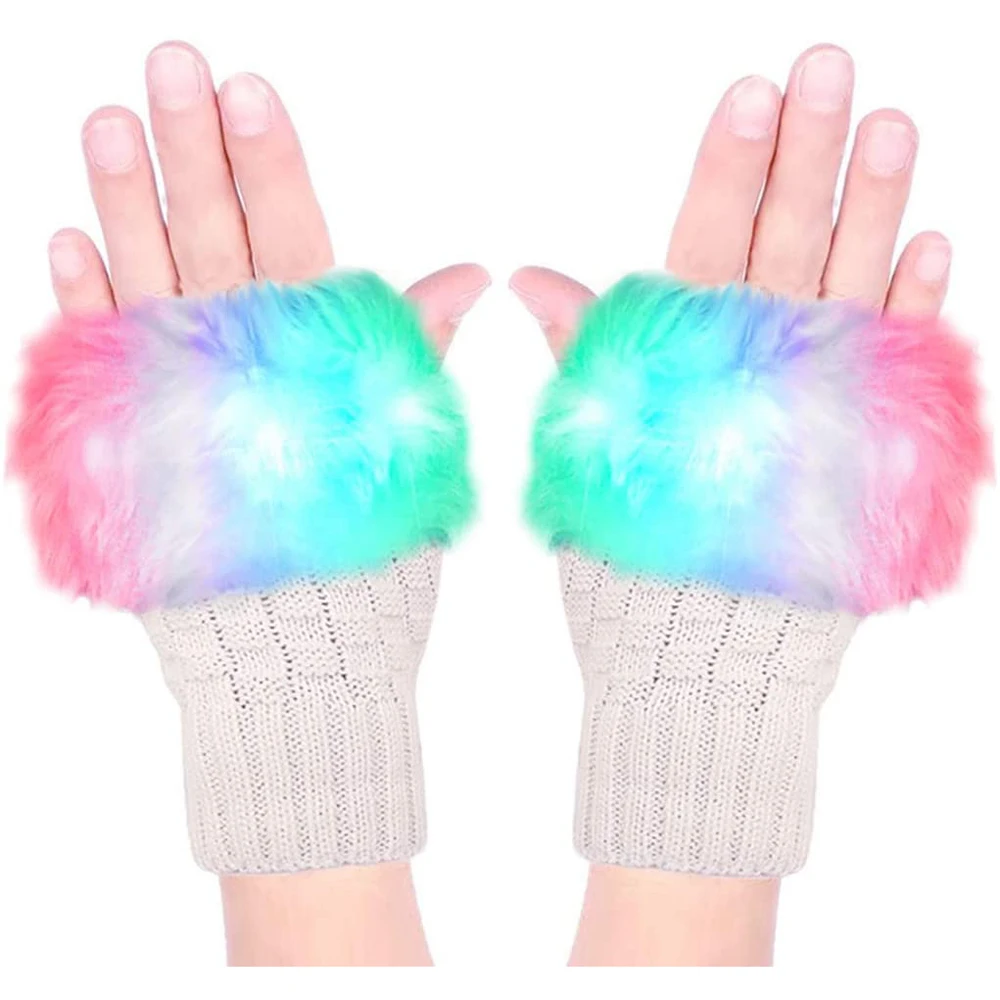 Glow Blink Fur Fingerless Knit Gloves - Funny Light Up Mitten for Party Christmas Halloween Costume