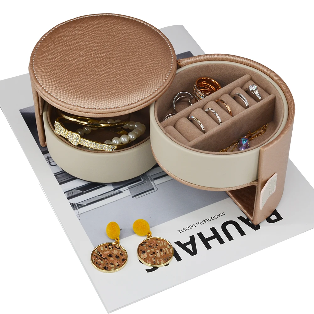 custom logo round jewelry box two layers rings bracelet organizer Round Shape Hand Made Package PU Round Leather Small Ring Neck