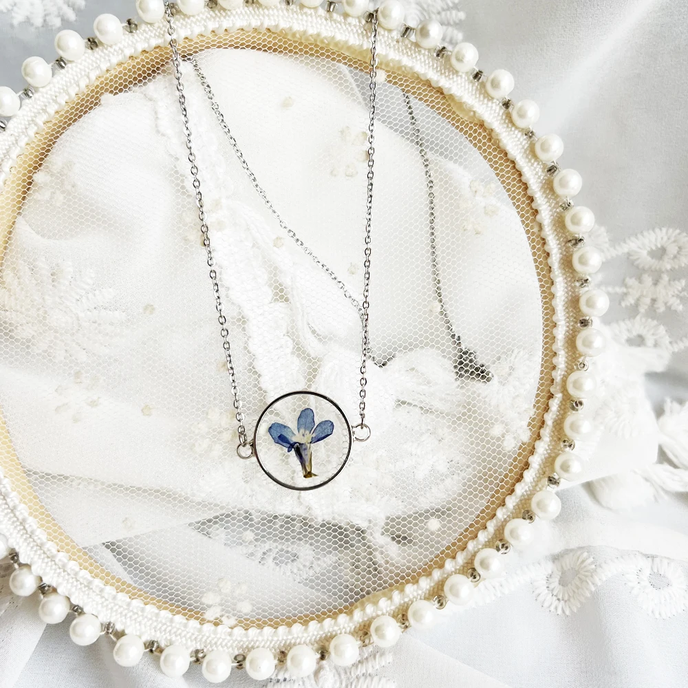 Handmade fancy design simple dainty silver chain blue flower lobelia resin coin silver minimalist necklace