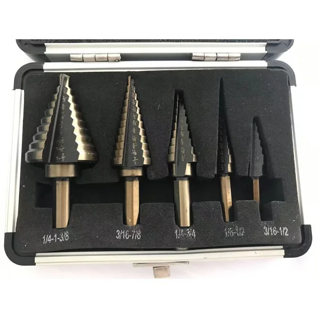 High Quality 5PCS HSS Multiple Hole Inch Size Step Drill Bit Set with Aluminium Case