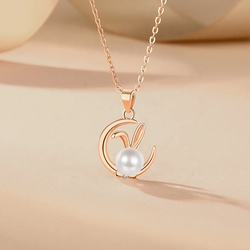 S925 sterling silver pearl moon rabbit necklace female ins zodiac rabbit light luxury niche design temperament collarbone chain