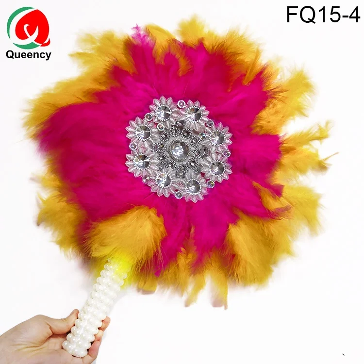 Queency African beautiful cheap ostrich feathers make in China hand fan  African feather fans with beaded