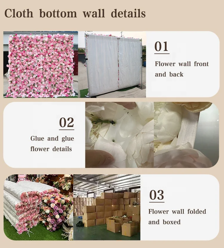High Quality 8x8 Roll Up Silk Floral Panel Custom 3D/5D Pink Artificial Rose Flower Wall Backdrop Wedding Decoration Background