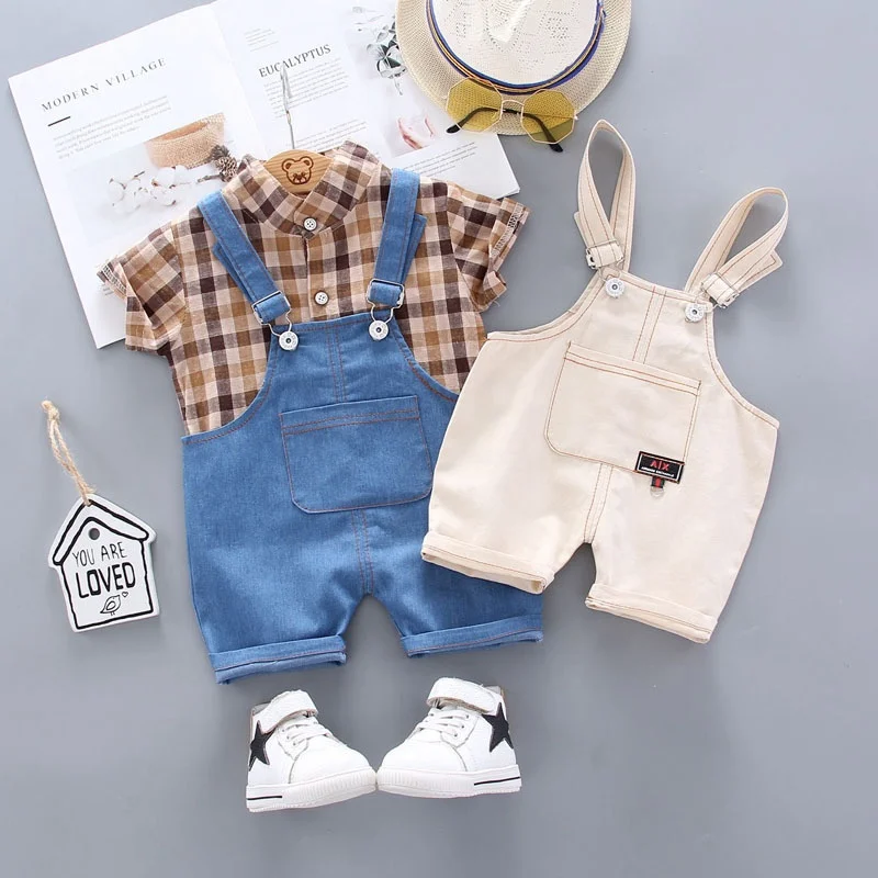 Denim Strappy Pants Short Sleeve New Born Checkered Romper Baby Clothes Boy Summer Set  Newborn
