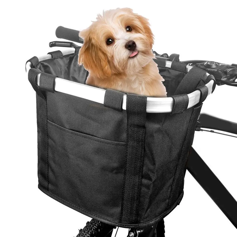 Portable folding bicycle basket with pet dog front handles