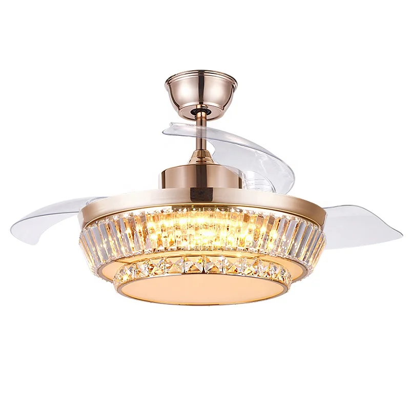 Luxury European Fancy crystal Folding Transparent Hidden Blade Led Invisible Ceiling Fan Lamp With Light